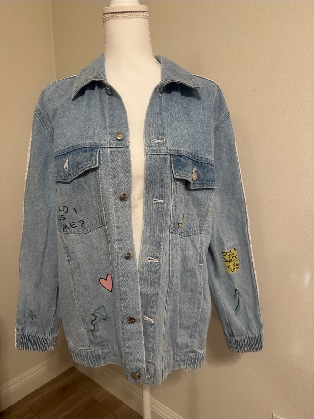 adidas Light Blue Denim Jacket with Pink Heart and Graphic Accents